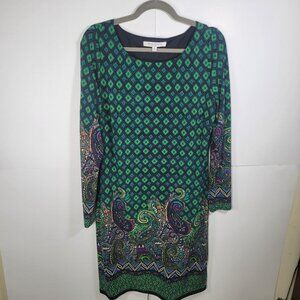 Evan-Picone Green & Multicolor Printed  Long Sleeve Knee Length Dress Size 16
